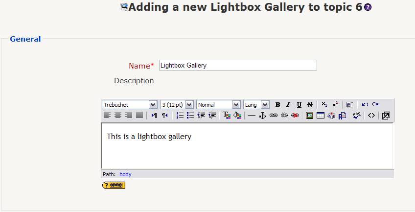 Name the lightbox gallery by filling in the "Name" field. Next, fill in the "Description" field.