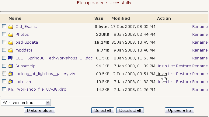 Once uploaded, Moodle will give you a confirmation message at the top of the screen and the upload file or folder will appear amongst the other files and folders with the date and time of upload.