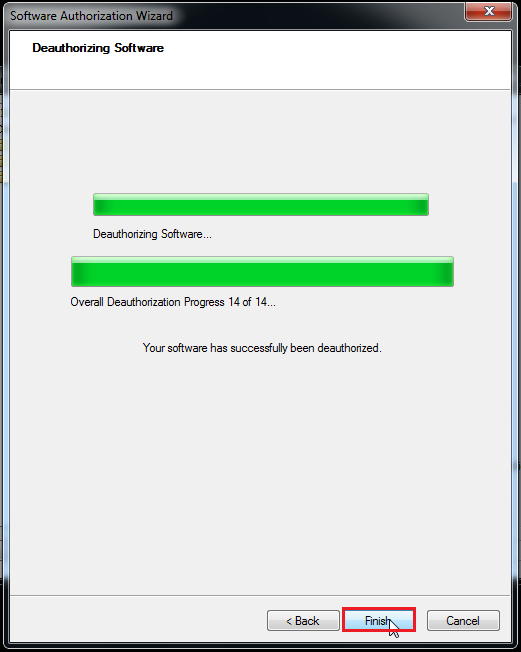 deauthorization process. When complete click Finish.