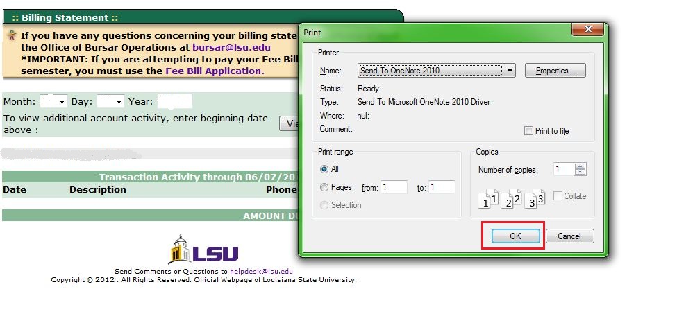 Billing Statement Print window with ok highlighted