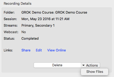 actions tab on the recording details window