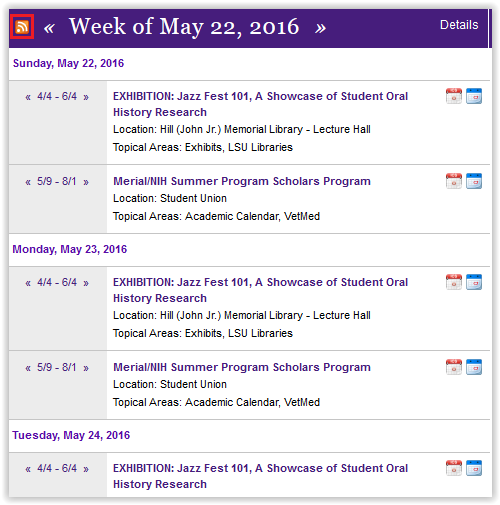 RSS Feed icon at the left of the calendar's title