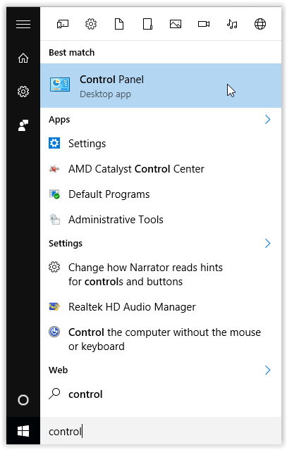 opening control panel in windows 10