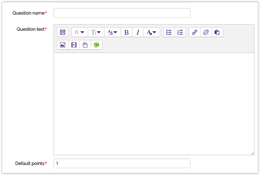 Question name, question text, and default point text fields