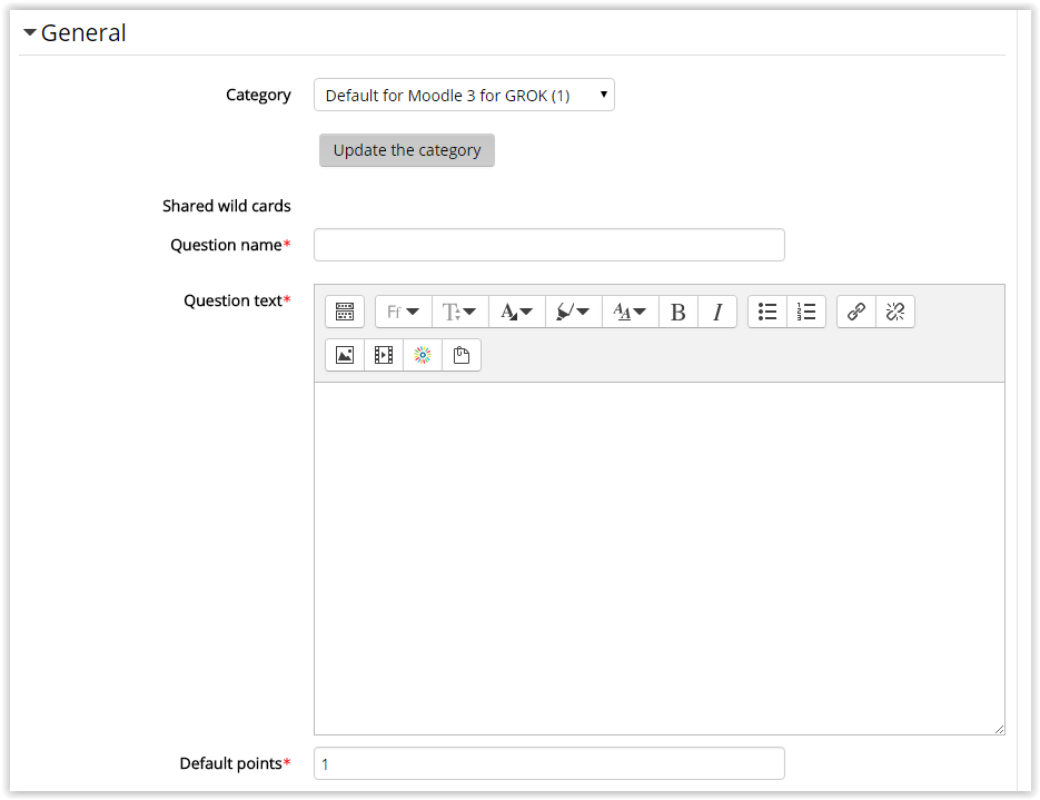 General settings with question name, question text, and default points