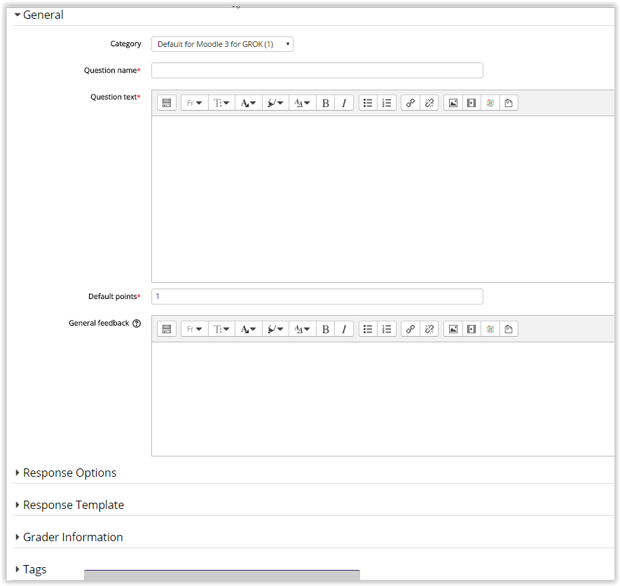 general settings and other setting sections in creating a question