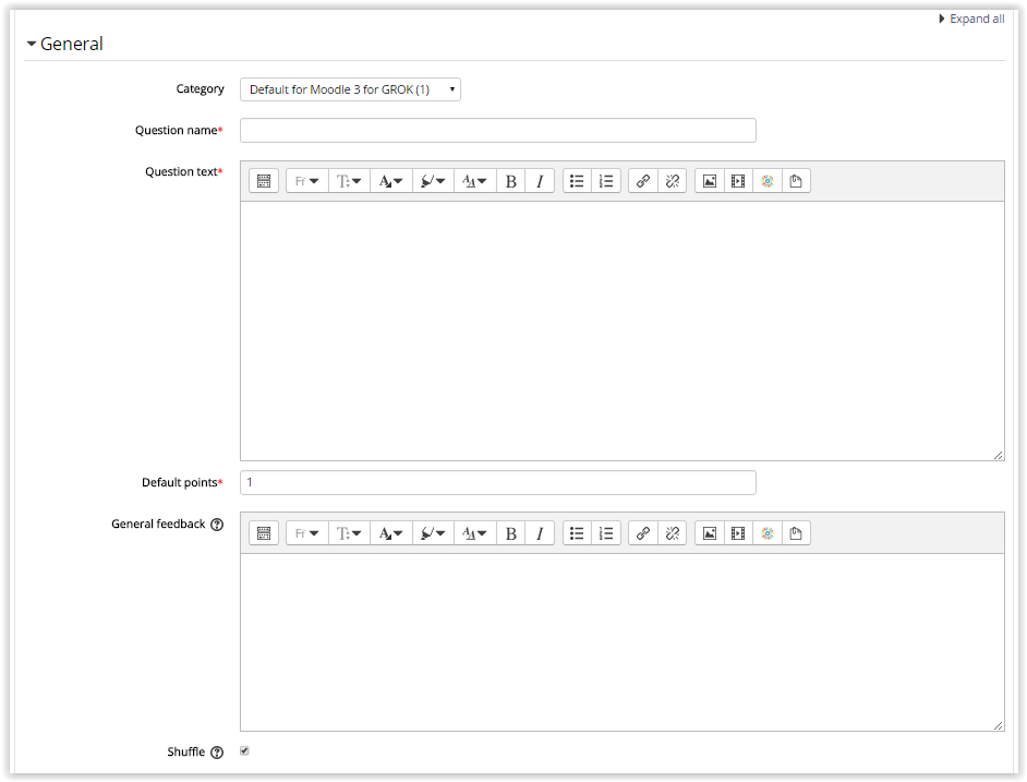 General settings for creating a quiz question