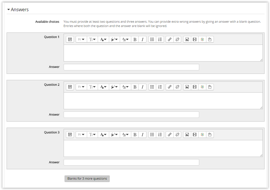 Where you enter your multiple answers for matching questions.