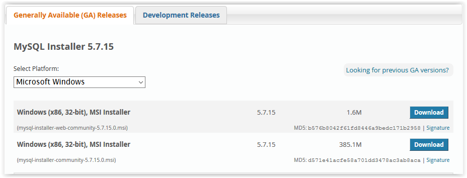 MySQL installer type download