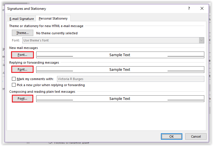 Font options in the Signature window