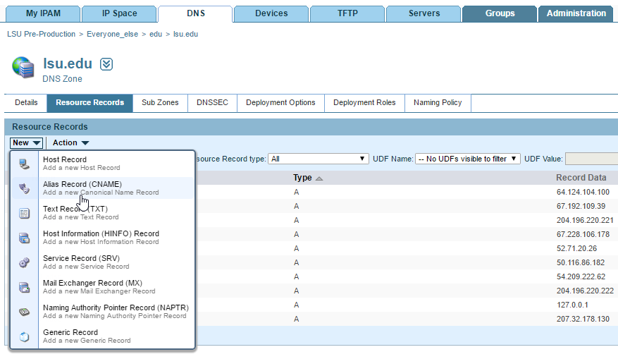 Alias Record/AddCNAME on the Resource Records drop-down menu