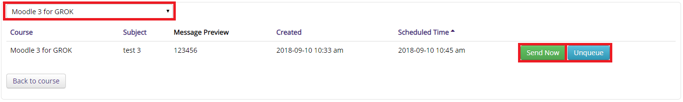 View Scheduled mail in moodle, unqueue, and send immediately highlighted