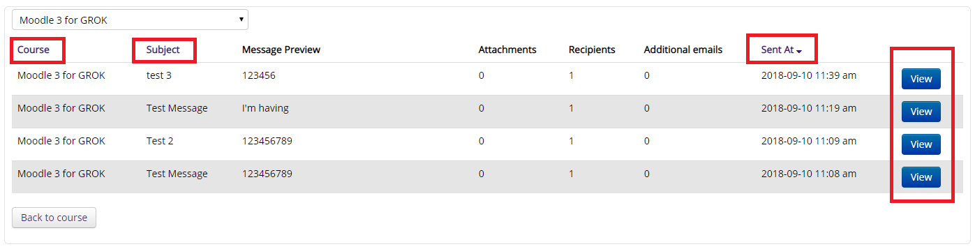 Sent messages page, course, subject, sent at, and view highlighted