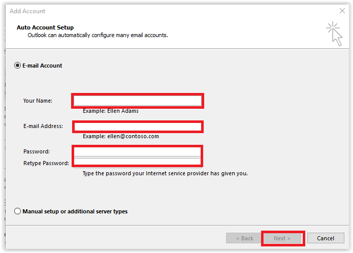 add account window with blank fields for your name, email address, password, and retype password