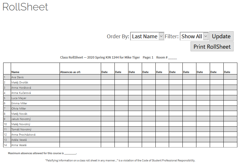 Roll sheet as a spreadsheet