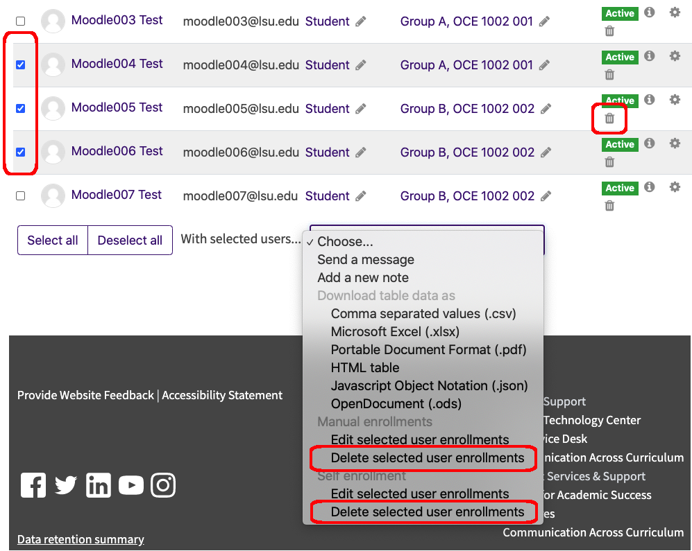 User enrollment screen with unenroll icons, checkboxes, and options.