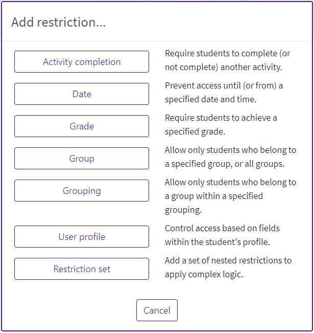 List of restrictions