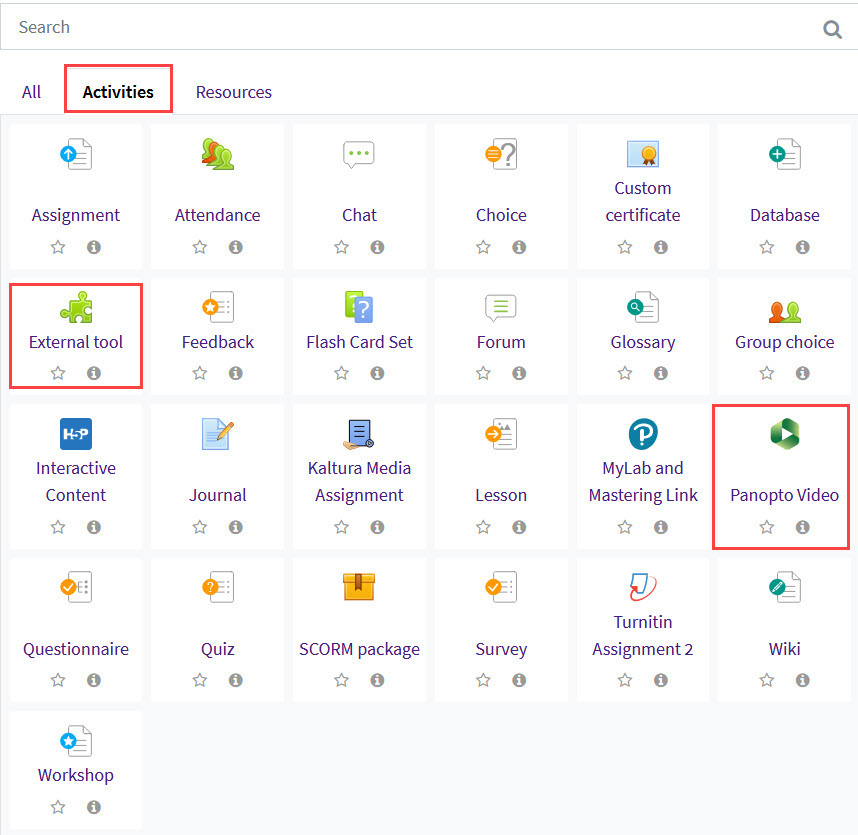 Activity chooser with External Tool and Panopto Video highlighted
