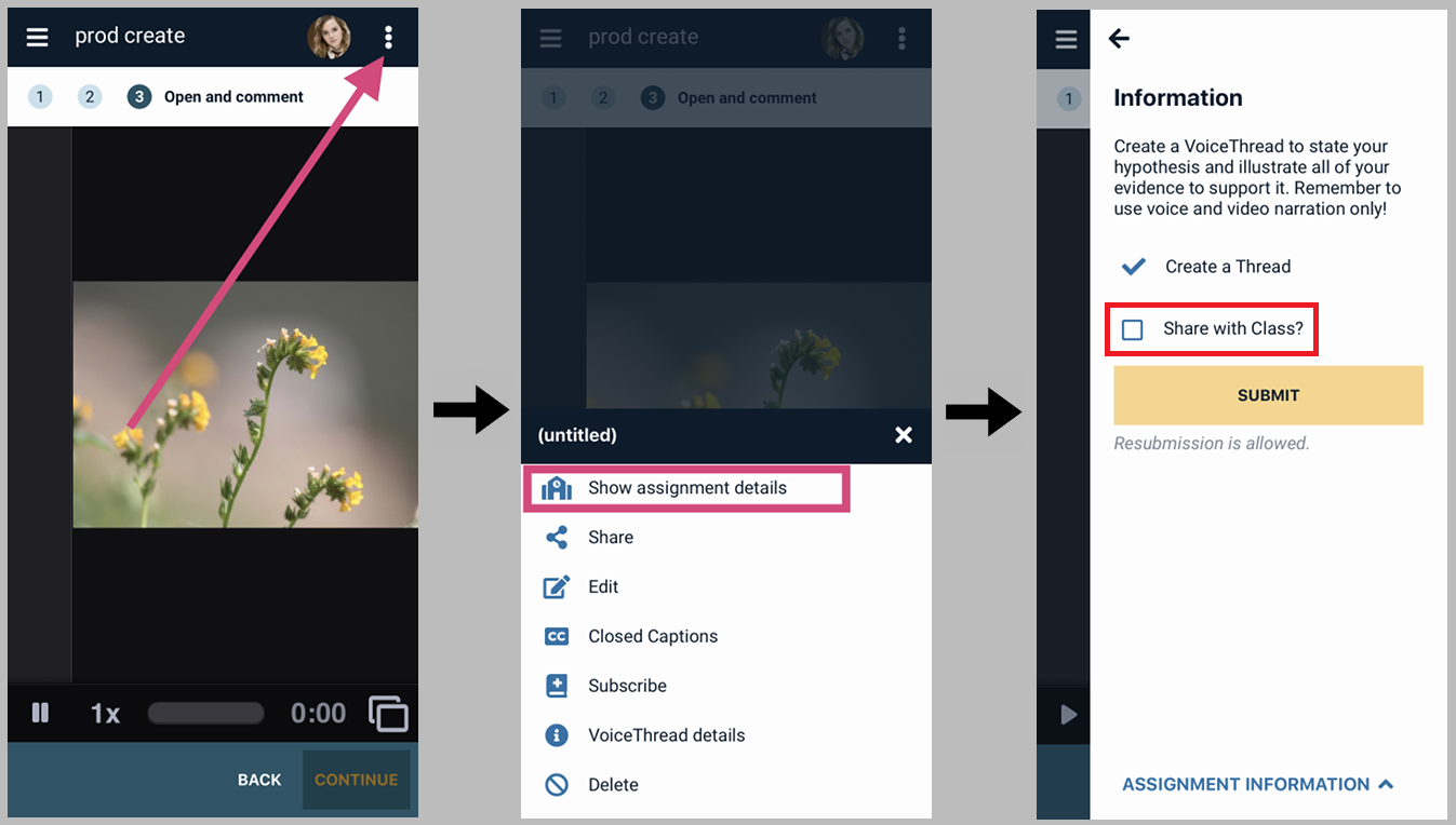 Menu icon, show assignment details button, and "share with class" box/submit.
