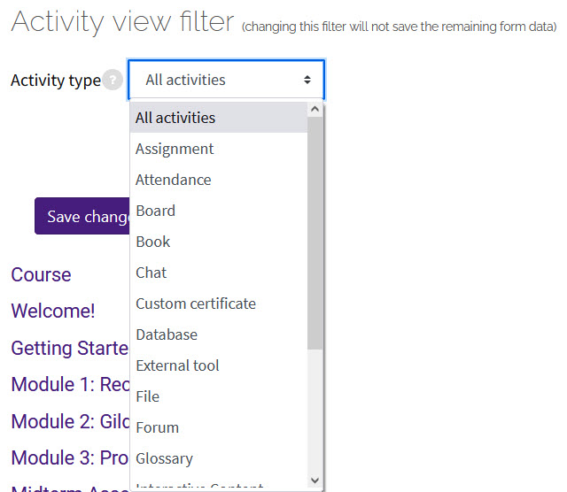 Dates Activity type filter