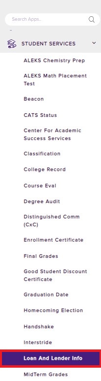 Loan and lender info selection under student services tab