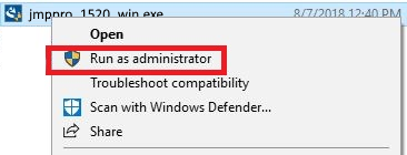 Context menu with run as administrator selected