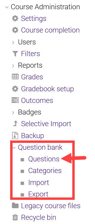 Course admin menu with question bank highlighted 