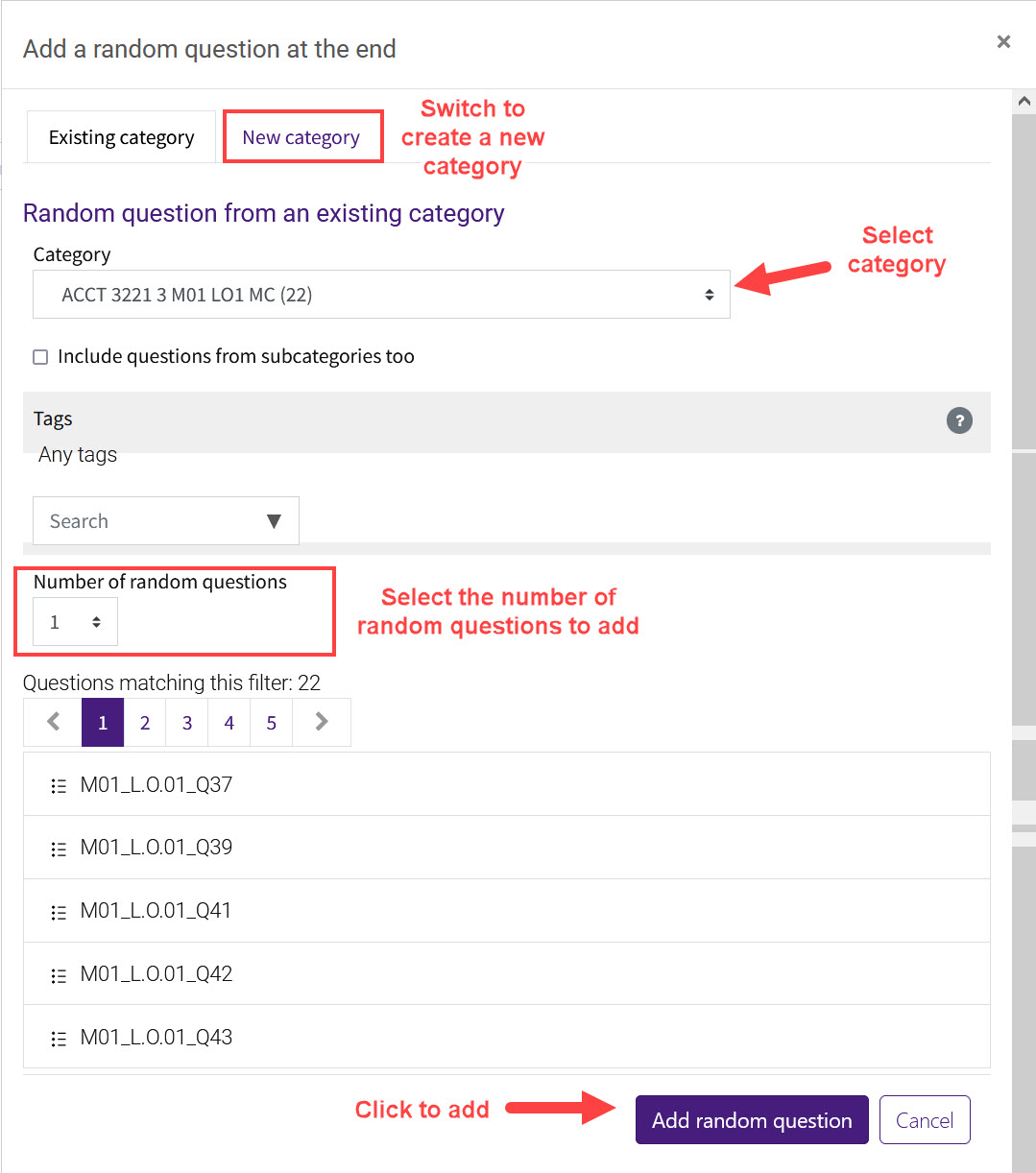 Window to add random questions to quiz