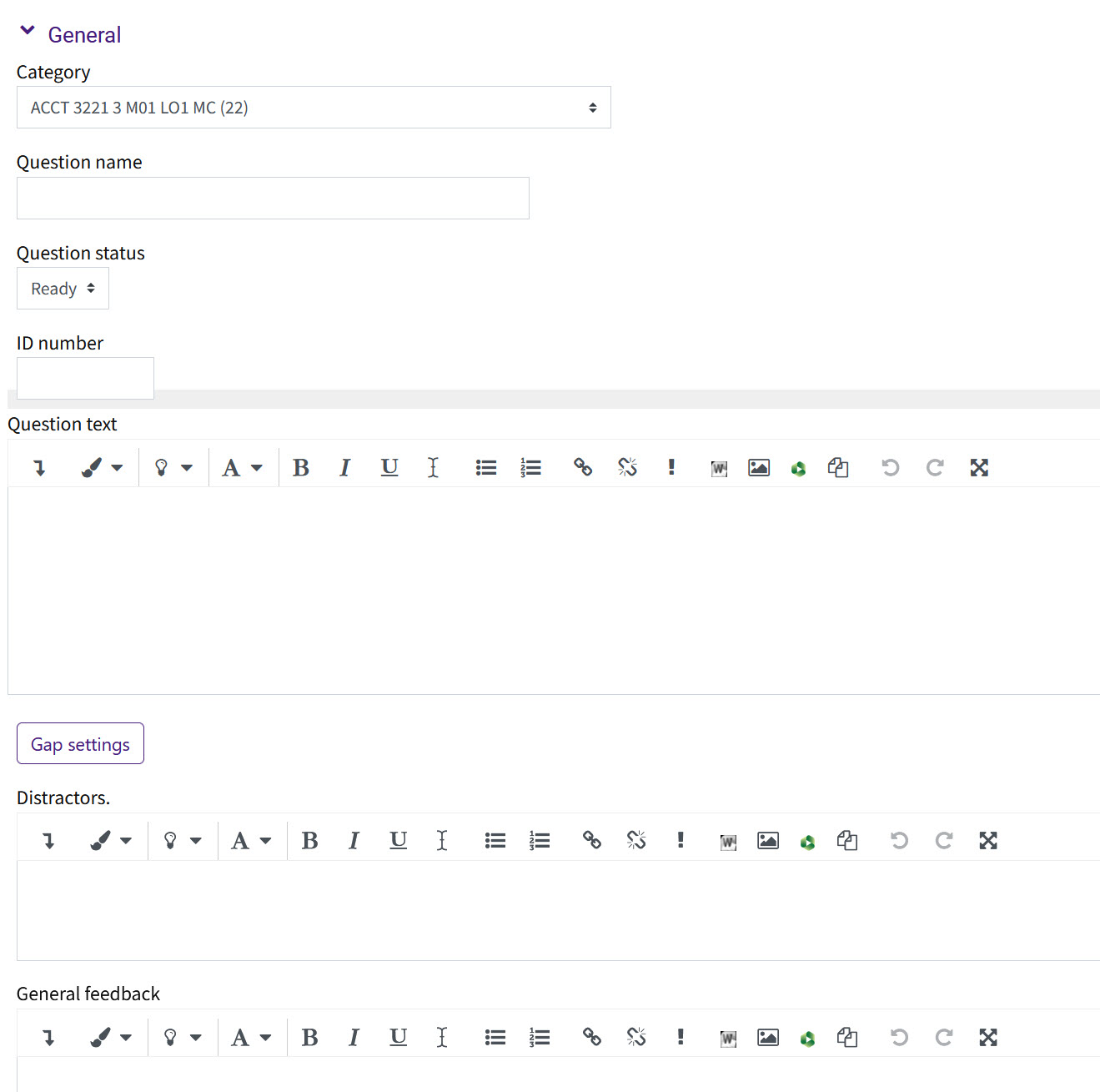 Gapfill question type settings top