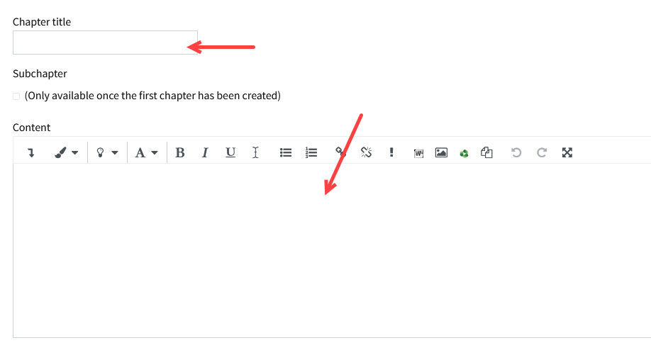 Book chapter editing screen with arrows pointing to the title and content areas