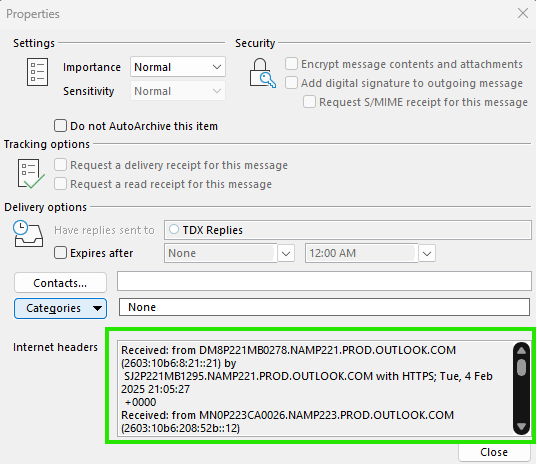 The header appears in the properties window of the outlook message