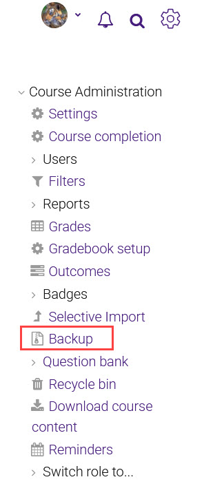 Course admin menu with "backup" highlighted