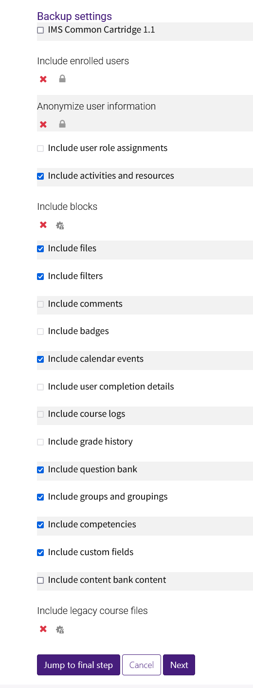 backup settings with checkboxes