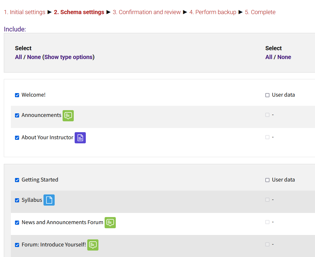 Backup Schema settings of course sections and activities that can be unchecked to exclude from the backup file