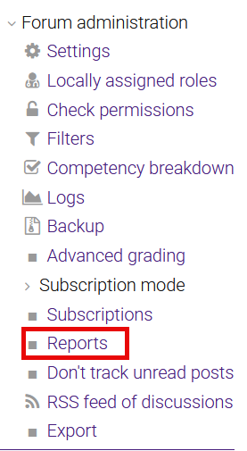 Forum administration menu highlighting the Reports link