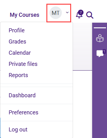 Profile menu in Moodle