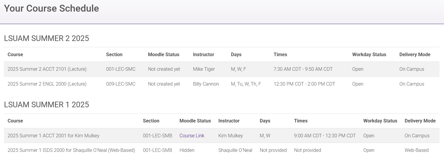 Course Schedule in Moodle