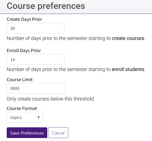 Course preferences settings for creating courses and enrollment