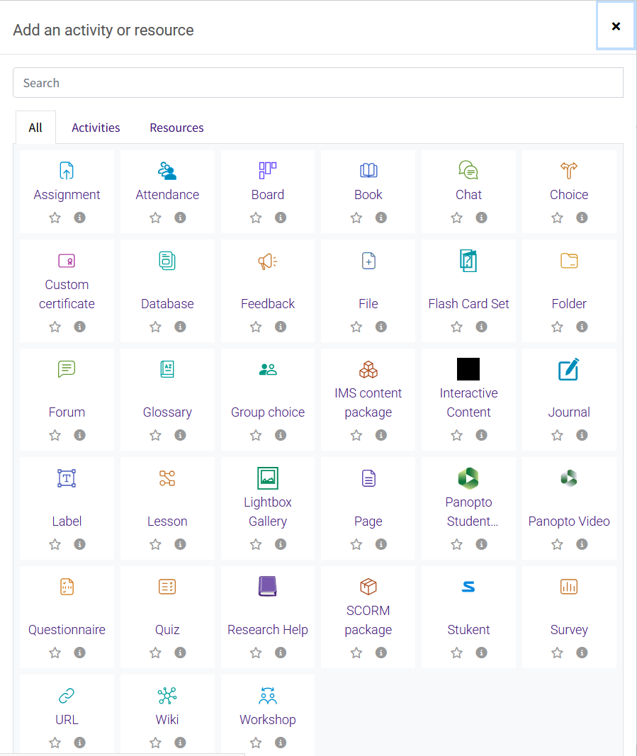 Activity or Resource Menu