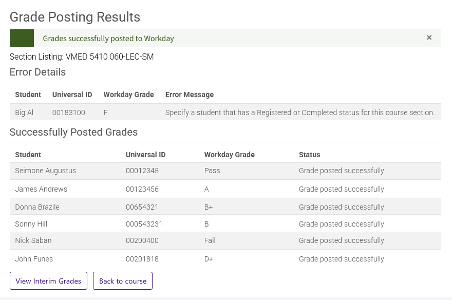 WDS Post Grades completion page