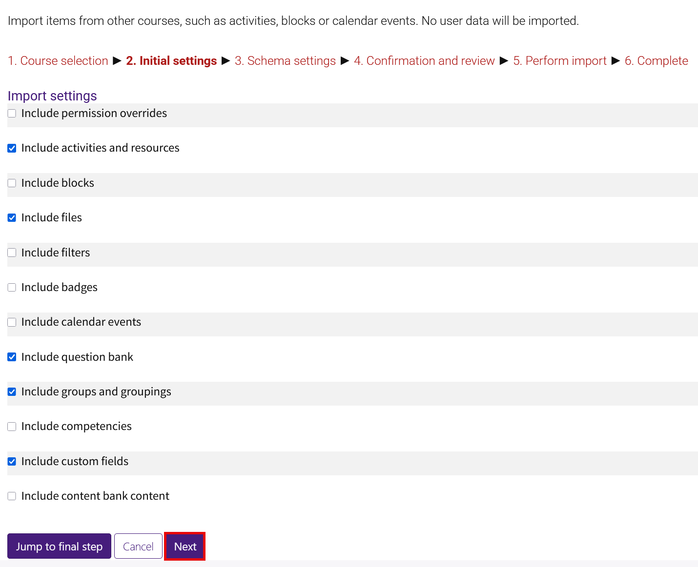 Initial settings page in selective import
