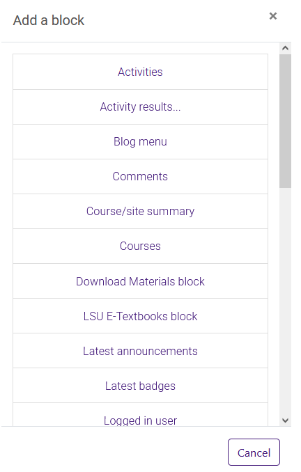 List of blocks in add block window