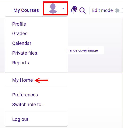 Personal menu showing link to My Home