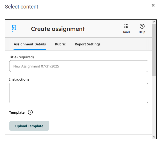 create assignment menu and details