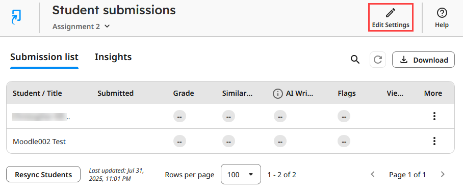 Turnitin Edit Settings at top right of the Assignment page.