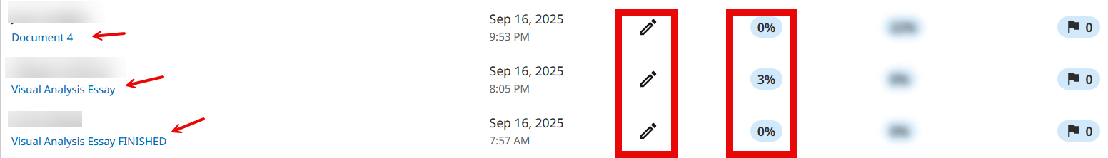 Turnitin submissions page with links highlighted