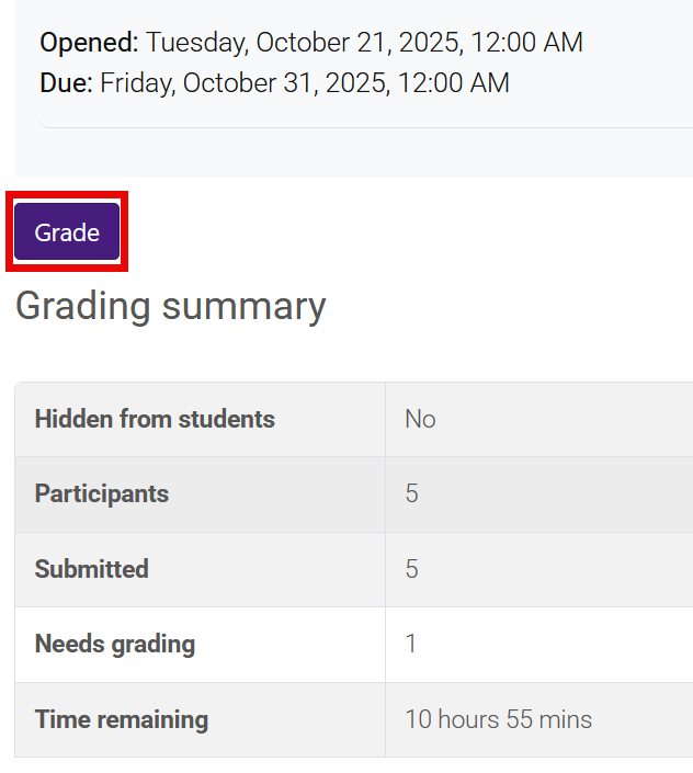 Assignment summary screen with Grade button