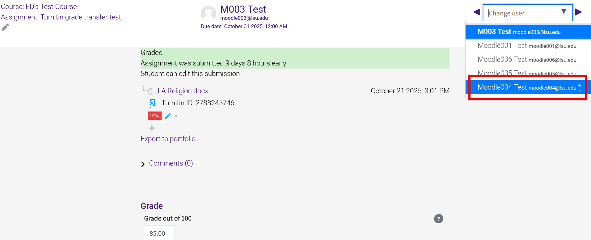 Assignment grading screen with Grade user menu