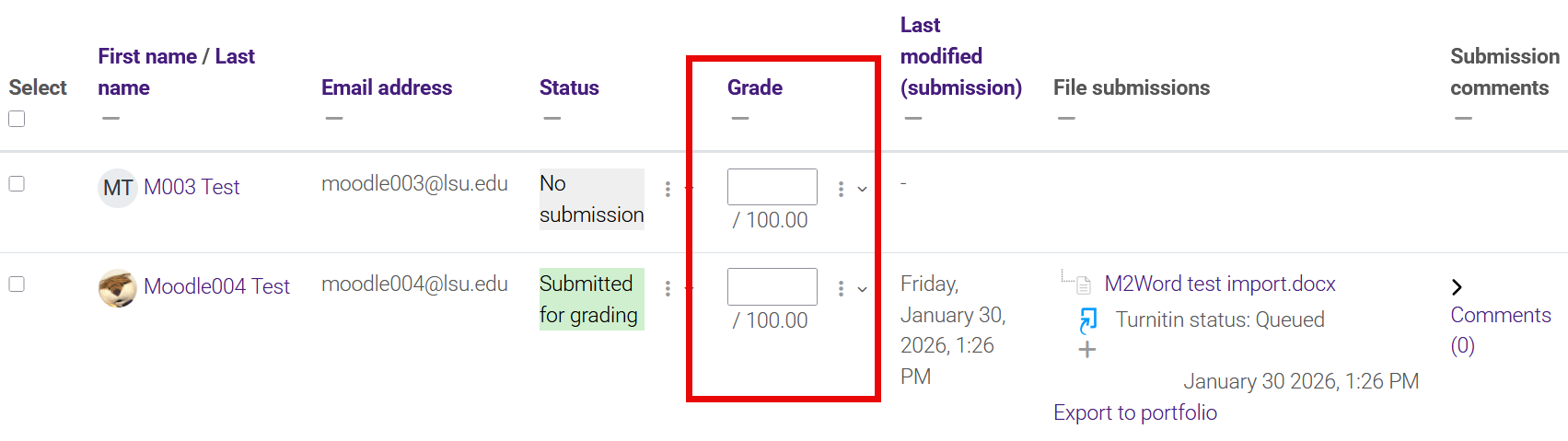Quick grading column in assignment