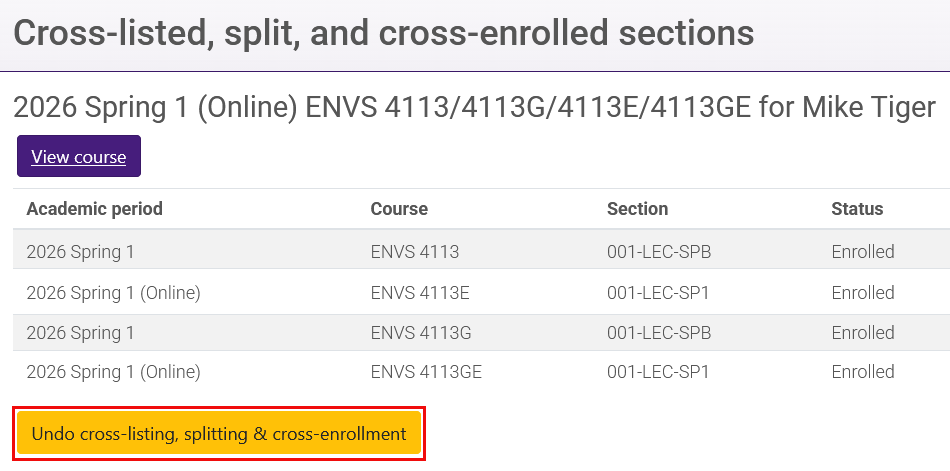 Undo cross-listing, splitting & cross-enrollment button selected